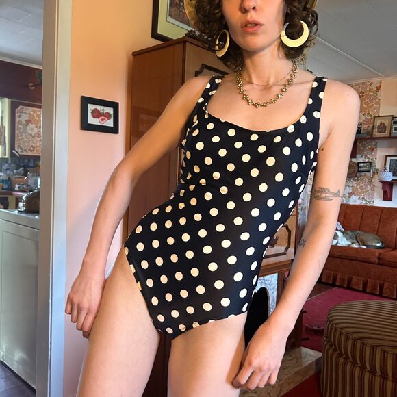 1970s Catalina Polka Dot one piece full coverage navy blue swim suit - made in t - Picture 7 of 12